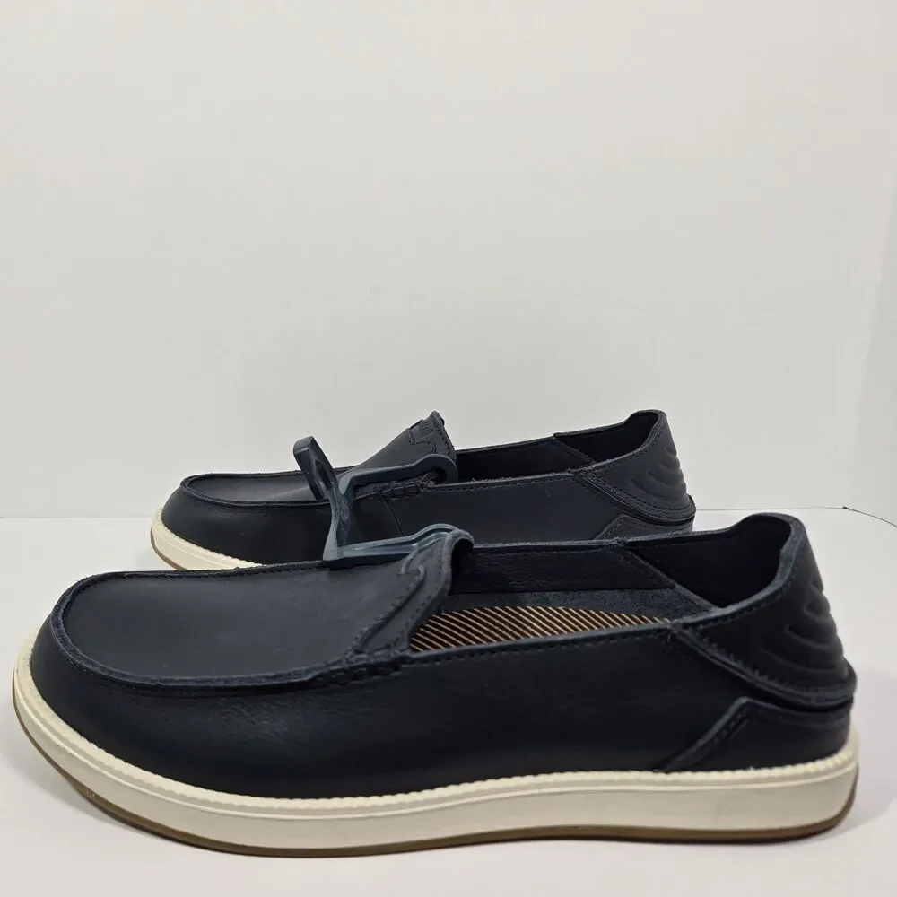 OluKai Kakaha Nia‎ Mens 10 Mood Indigo Blue Leather Slip On Shoes Loafers